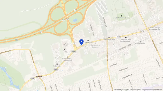 Mapa que muestra la ubicación de Barbara H. Lord Regional Dialysis Center en 184 W Montauk Hwy, Hampton Bays, NY 11946 — DachiPlus ofrece transporte médico aquí.