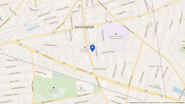 Map showing the location of Farmingdale Adult Day Care Center at 407 Main St, Farmingdale, NY 11735, served by DachiPlus medical transportation.