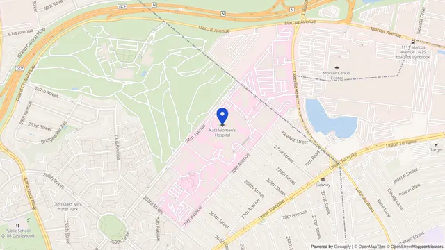 Map showing the location of Long Island Jewish Medical Center at 270-05 76th Ave, New Hyde Park, NY 11040, served by DachiPlus medical transportation.