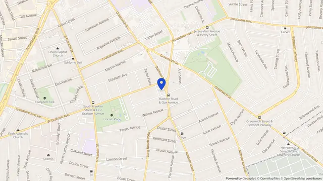 Mapa que muestra la ubicación de Mayfair Care Center en 100 Baldwin Road, Hempstead, NY 11550 — DachiPlus ofrece transporte médico aquí.