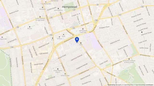 Mapa que muestra la ubicación de Nassau Extended Care Adult Day Health Care en 1 Greenwich St, Hempstead, NY 11550 — DachiPlus ofrece transporte médico aquí.