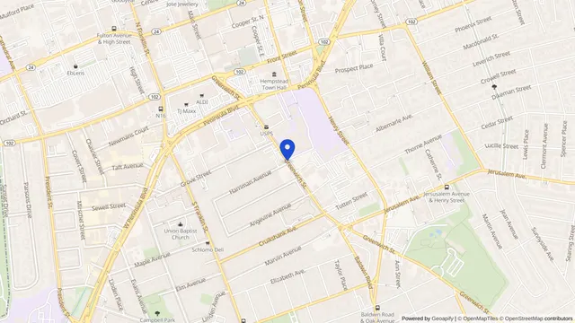Map showing the location of Nassau Extended Care Center at One Greenwich Street, Hempstead, NY 11550, served by DachiPlus medical transportation.