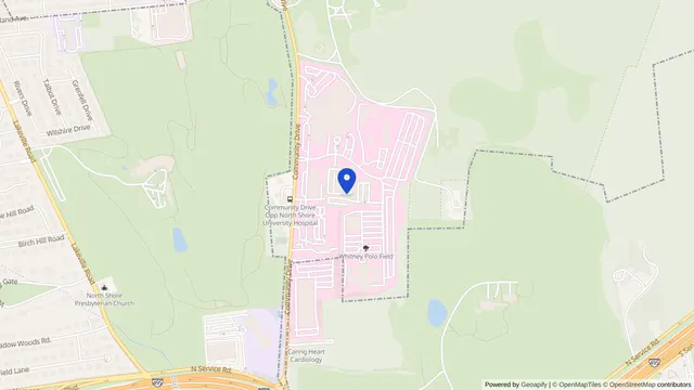 Map showing the location of North Shore University Hospital at 300 Community Dr, Manhasset, NY 11030, served by DachiPlus medical transportation.