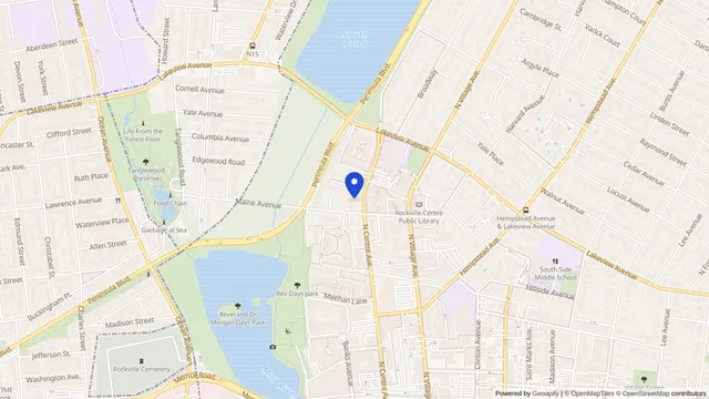 Mapa que muestra la ubicación de Rockville Nursing Center en 41 Maine Avenue, Rockville Centre, NY 11570 — DachiPlus ofrece transporte médico aquí.