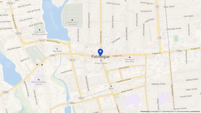 Map showing the location of Suffolk Center for Rehab & Nursing at 25 Schoenfeld Boulevard, Patchogue, NY 11772, served by DachiPlus medical transportation.