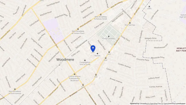 Mapa que muestra la ubicación de Woodmere Rehabilitation & Health Care Center en 121 Franklin Place, Woodmere, NY 11598 — DachiPlus ofrece transporte médico aquí.