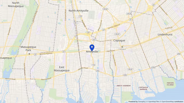 Mapa que muestra la ubicación de Amityville en Amityville, Condado de Suffolk, NY — DachiPlus ofrece transporte médico aquí.