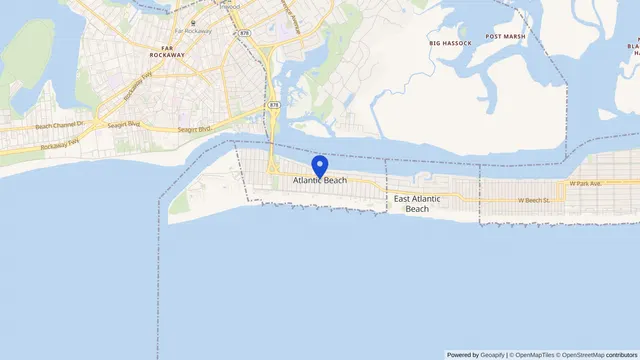Map showing the location of Atlantic Beach at Atlantic Beach, Nassau County, NY, served by DachiPlus medical transportation.