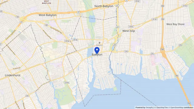 Mapa que muestra la ubicación de Babylon en Babylon, Condado de Suffolk, NY — DachiPlus ofrece transporte médico aquí.