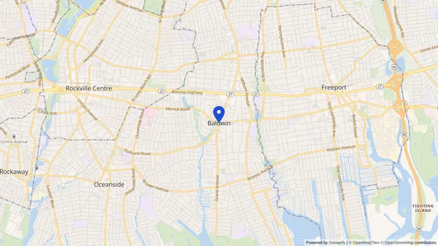 Map showing the location of Baldwin at Baldwin, Nassau County, NY, served by DachiPlus medical transportation.