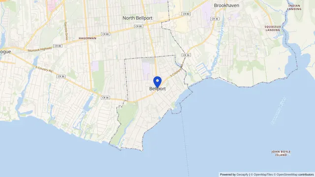 Map showing the location of Bellport at Bellport, Suffolk County, NY, served by DachiPlus medical transportation.
