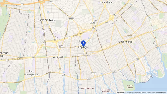 Mapa que muestra la ubicación de Copiague en Copiague, Condado de Suffolk, NY — DachiPlus ofrece transporte médico aquí.