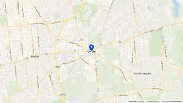 Mapa que muestra la ubicación de Coram en Coram, Condado de Suffolk, NY — DachiPlus ofrece transporte médico aquí.