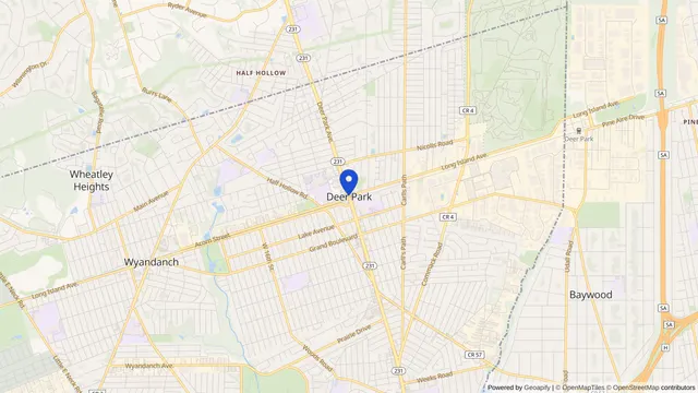 Mapa que muestra la ubicación de Deer Park en Deer Park, Condado de Suffolk, NY — DachiPlus ofrece transporte médico aquí.