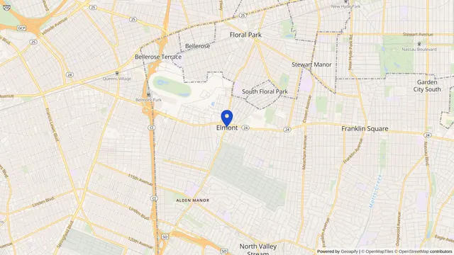 Map showing the location of Elmont at Elmont, Nassau County, NY, served by DachiPlus medical transportation.