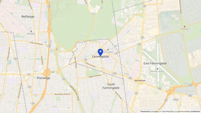 Map showing the location of Farmingdale at Farmingdale, Nassau County, NY, served by DachiPlus medical transportation.