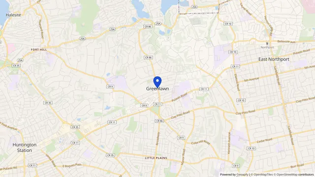 Mapa que muestra la ubicación de Greenlawn en Greenlawn, Condado de Suffolk, NY — DachiPlus ofrece transporte médico aquí.