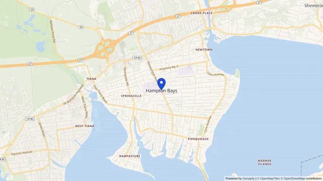Mapa que muestra la ubicación de Hampton Bays en Hampton Bays, Condado de Suffolk, NY — DachiPlus ofrece transporte médico aquí.