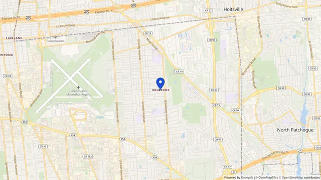 Mapa que muestra la ubicación de Holbrook en Holbrook, Condado de Suffolk, NY — DachiPlus ofrece transporte médico aquí.