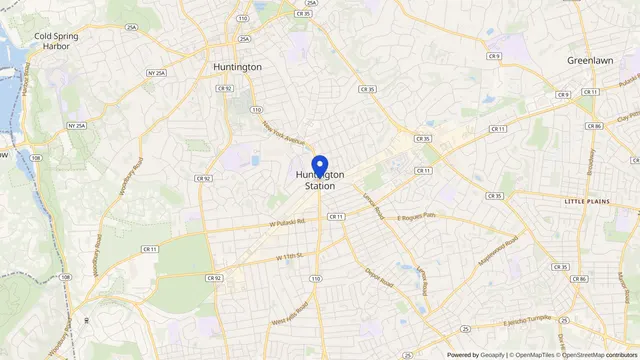 Mapa que muestra la ubicación de Huntington Station en Huntington Station, Condado de Suffolk, NY — DachiPlus ofrece transporte médico aquí.