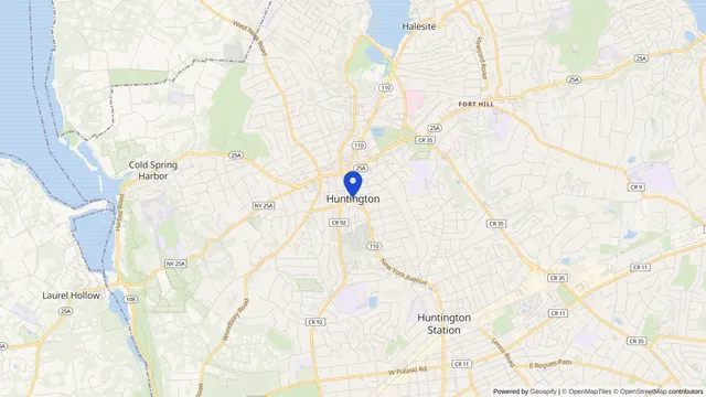 Mapa que muestra la ubicación de Huntington en Huntington, Condado de Suffolk, NY — DachiPlus ofrece transporte médico aquí.