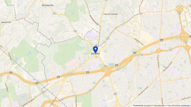Map showing the location of Jericho at Jericho, Nassau County, NY, served by DachiPlus medical transportation.