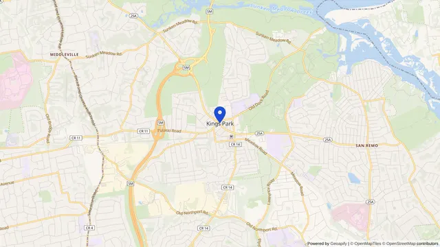Mapa que muestra la ubicación de Kings Park en Kings Park, Condado de Suffolk, NY — DachiPlus ofrece transporte médico aquí.
