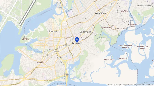Mapa que muestra la ubicación de Lawrence en Lawrence, Condado de Nassau, NY — DachiPlus ofrece transporte médico aquí.