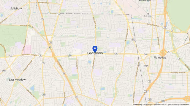 Map showing the location of Levittown at Levittown, Nassau County, NY, served by DachiPlus medical transportation.