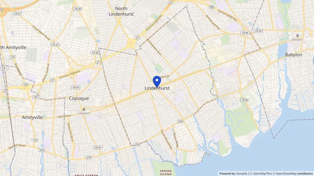 Mapa que muestra la ubicación de Lindenhurst en Lindenhurst, Condado de Suffolk, NY — DachiPlus ofrece transporte médico aquí.