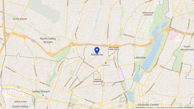Mapa que muestra la ubicación de Malverne en Malverne, Condado de Nassau, NY — DachiPlus ofrece transporte médico aquí.