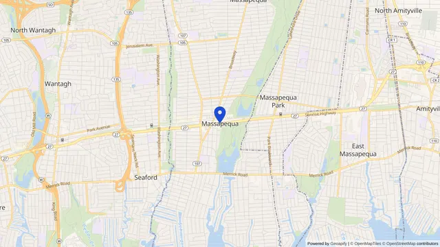 Map showing the location of Massapequa at Massapequa, Nassau County, NY, served by DachiPlus medical transportation.