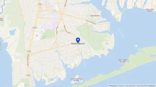 Map showing the location of Mastic Beach at Mastic Beach, Suffolk County, NY, served by DachiPlus medical transportation.