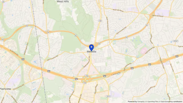 Mapa que muestra la ubicación de Melville en Melville, Condado de Suffolk, NY — DachiPlus ofrece transporte médico aquí.