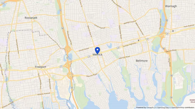 Mapa que muestra la ubicación de Merrick en Merrick, Condado de Nassau, NY — DachiPlus ofrece transporte médico aquí.