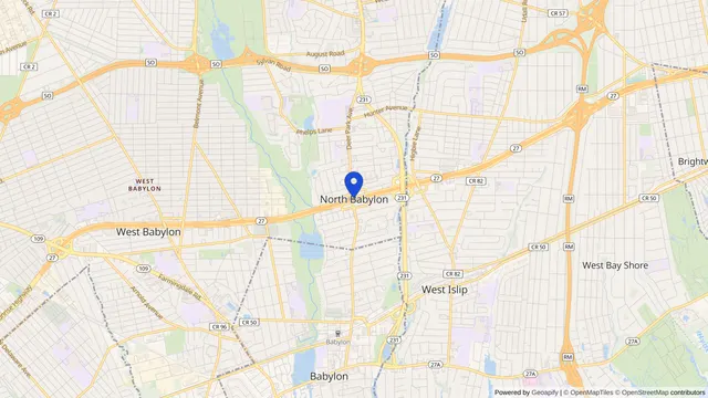 Mapa que muestra la ubicación de North Babylon en North Babylon, Condado de Suffolk, NY — DachiPlus ofrece transporte médico aquí.