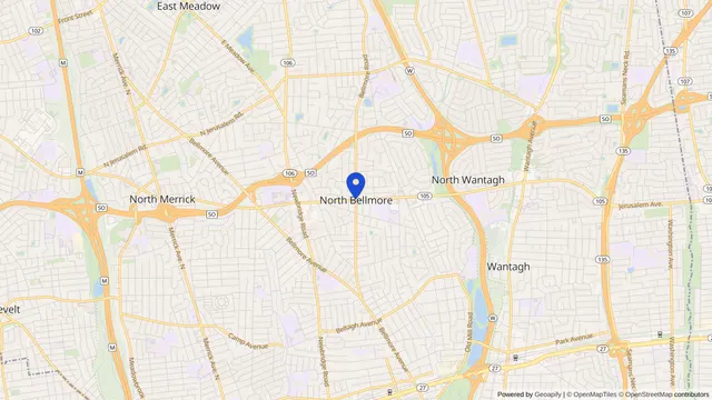Mapa que muestra la ubicación de North Bellmore en North Bellmore, Condado de Nassau, NY — DachiPlus ofrece transporte médico aquí.