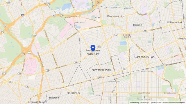 Mapa que muestra la ubicación de North New Hyde Park en North New Hyde Park, Condado de Nassau, NY — DachiPlus ofrece transporte médico aquí.