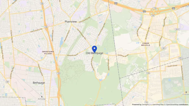 Mapa que muestra la ubicación de Old Bethpage en Old Bethpage, Condado de Nassau, NY — DachiPlus ofrece transporte médico aquí.