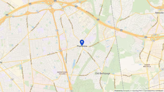 Mapa que muestra la ubicación de Plainview en Plainview, Condado de Nassau, NY — DachiPlus ofrece transporte médico aquí.