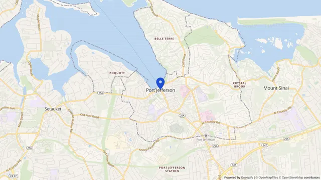 Mapa que muestra la ubicación de Port Jefferson en Port Jefferson, Condado de Suffolk, NY — DachiPlus ofrece transporte médico aquí.