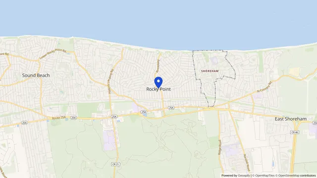 Mapa que muestra la ubicación de Rocky Point en Rocky Point, Condado de Suffolk, NY — DachiPlus ofrece transporte médico aquí.