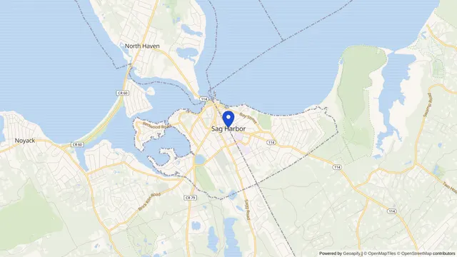 Mapa que muestra la ubicación de Sag Harbor en Sag Harbor, Condado de Suffolk, NY — DachiPlus ofrece transporte médico aquí.