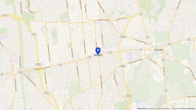 Mapa que muestra la ubicación de Selden en Selden, Condado de Suffolk, NY — DachiPlus ofrece transporte médico aquí.