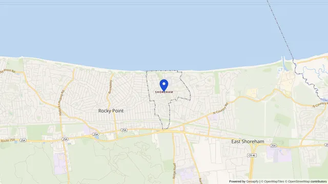 Mapa que muestra la ubicación de Shoreham en Shoreham, Condado de Suffolk, NY — DachiPlus ofrece transporte médico aquí.