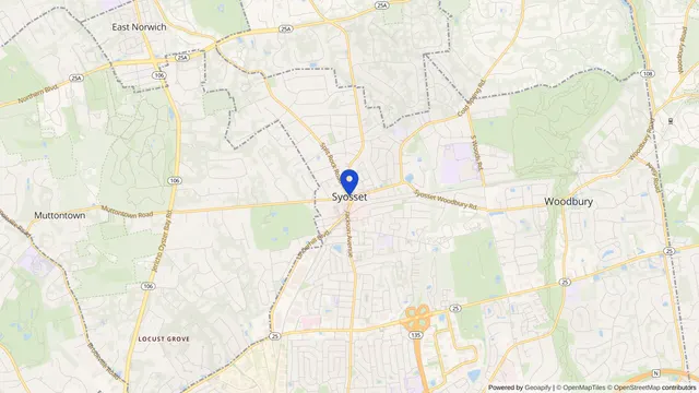 Mapa que muestra la ubicación de Syosset en Syosset, Condado de Nassau, NY — DachiPlus ofrece transporte médico aquí.