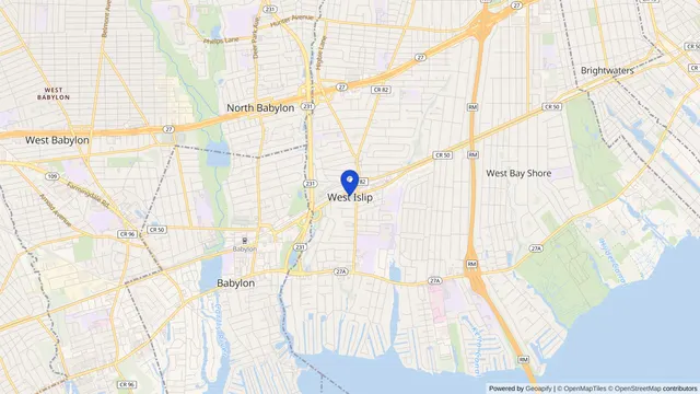 Mapa que muestra la ubicación de West Islip en West Islip, Condado de Suffolk, NY — DachiPlus ofrece transporte médico aquí.