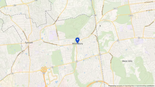 Mapa que muestra la ubicación de Woodbury en Woodbury, Condado de Nassau, NY — DachiPlus ofrece transporte médico aquí.