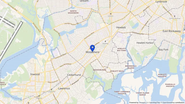 Mapa que muestra la ubicación de Woodmere en Woodmere, Condado de Nassau, NY — DachiPlus ofrece transporte médico aquí.